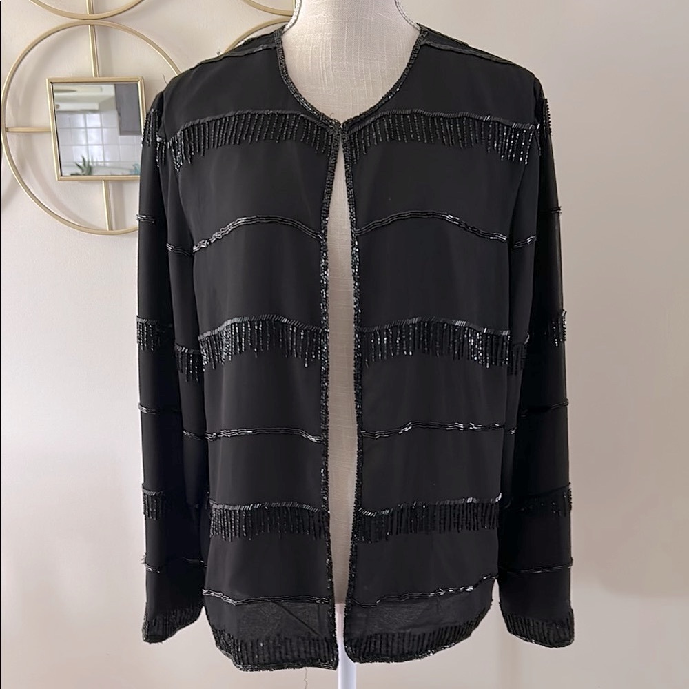 JMD New York Elegant Black Women's beaded fringe evening jacket vintage formal